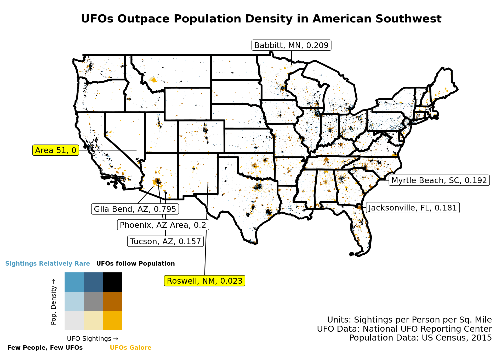 UFO sightings relative to population density in the United States
